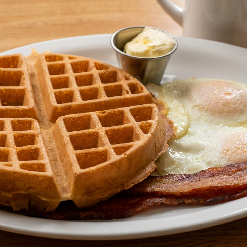Belgian waffle served with two fried eggs, crispy bacon, and a small cup of butter on a white plate.