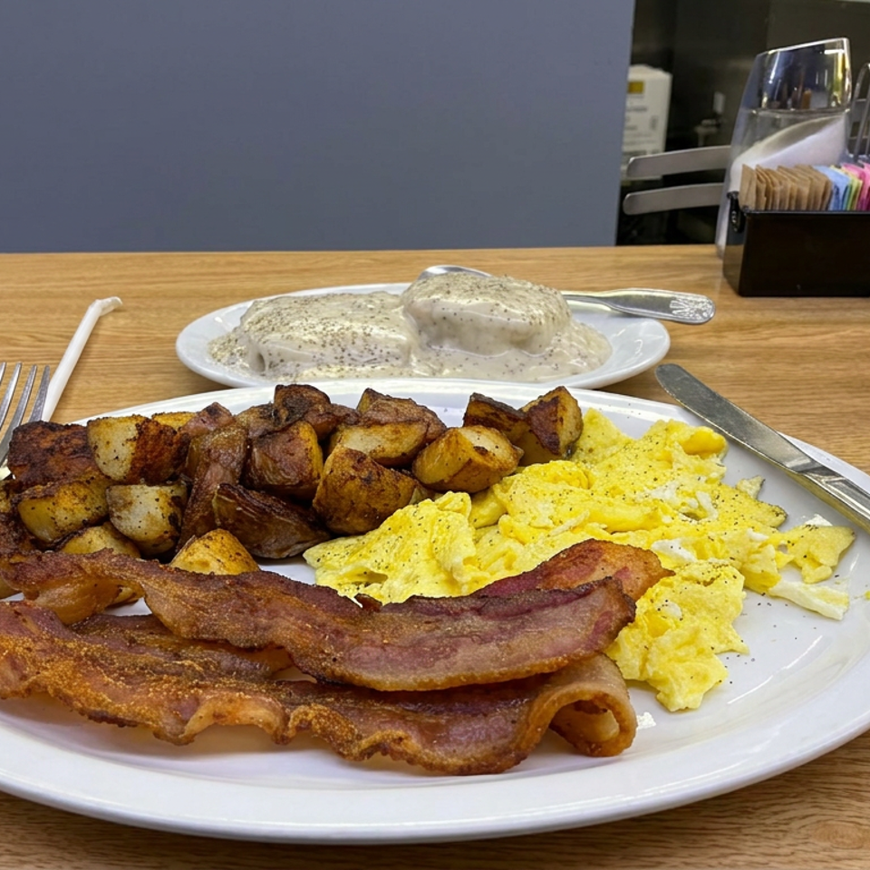 Diner breakfast plate with bacon, scrambled eggs, roasted potatoes, biscuits and gravy, plus iced tea on a wooden table.