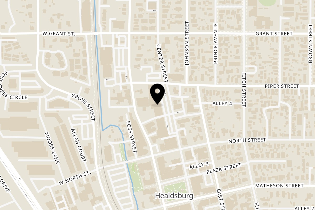 Map showing the location of Flakey Cream Do-Nuts & Coffee Shop on 441 Center St in Healdsburg